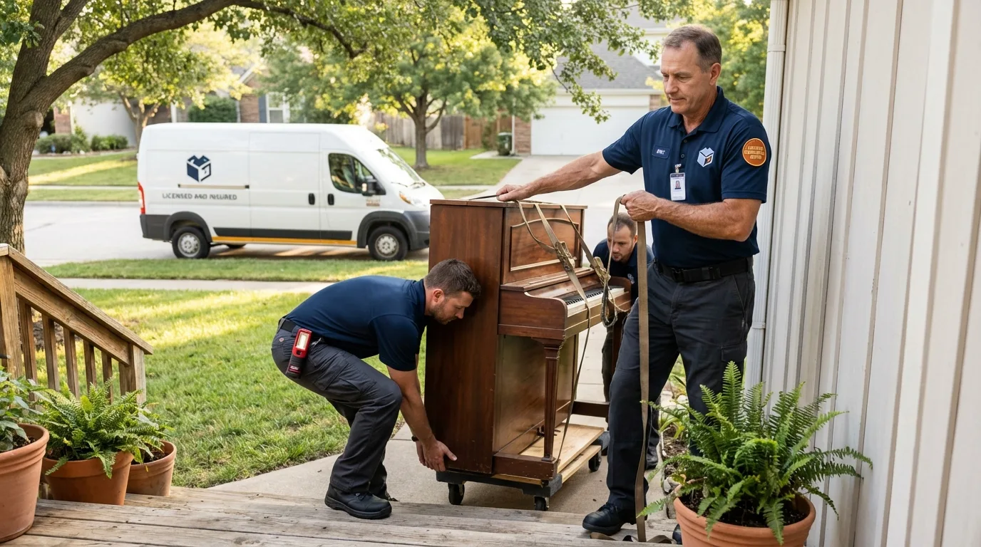 Licensed piano movers securing grand piano in Mahopac, NY