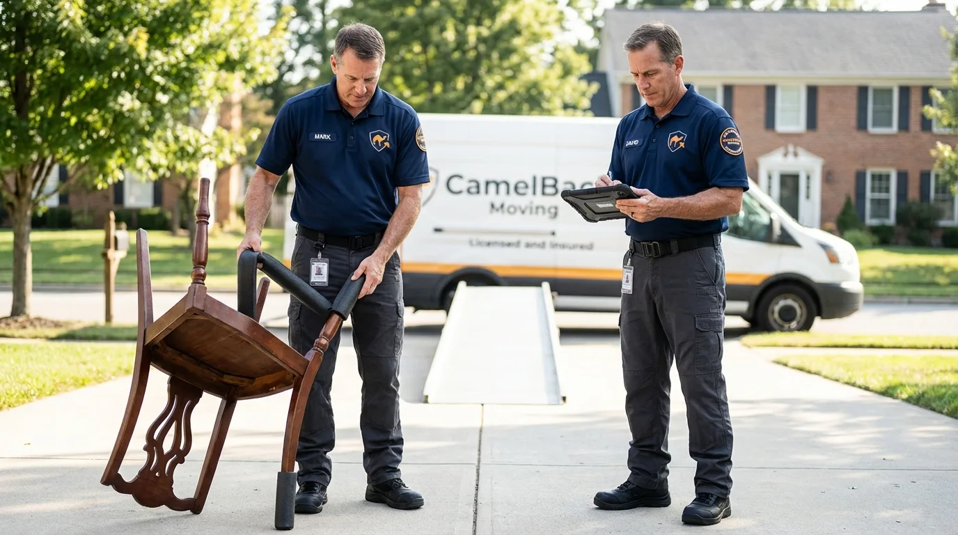 Movers inspecting furniture for damage prevention before loading in Mahopac, NY