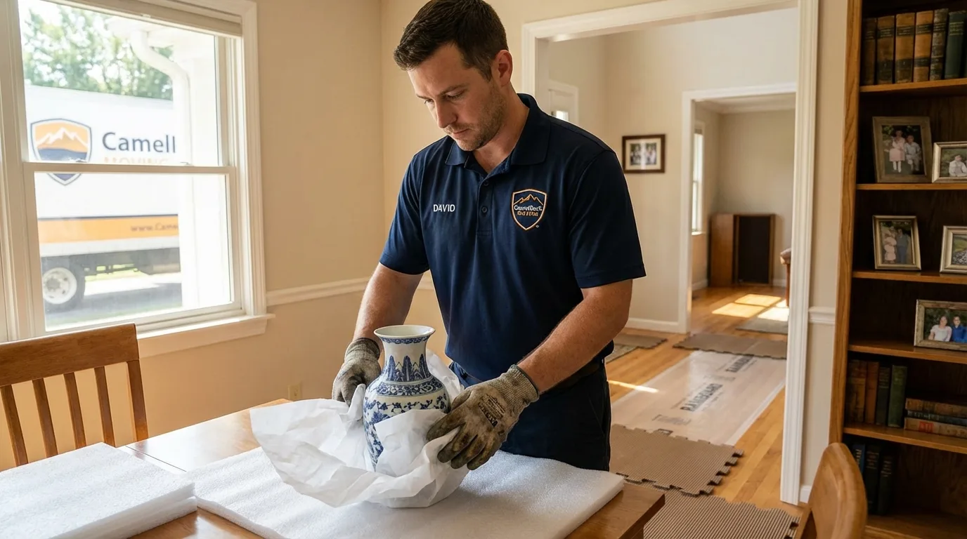 Professional crew carefully wrapping antique vase for senior downsizing move in Mahopac, NY
